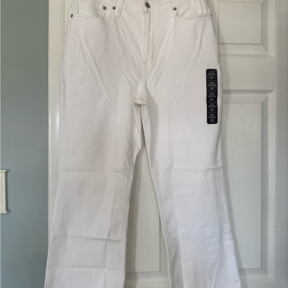 J. Crew White Curvy Mid-Rise Flare Crop Jeans